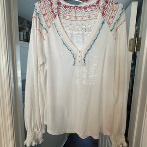 FP Movement by Free People White Blouse with Red and Blue Embroidery